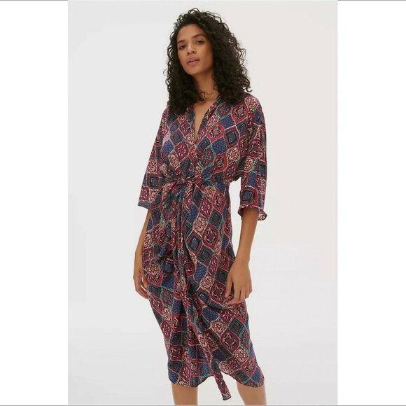 Anthropologie Miska boho caftan Kimono sleeve print dress midi silky dolman S - Picture 1 of 6